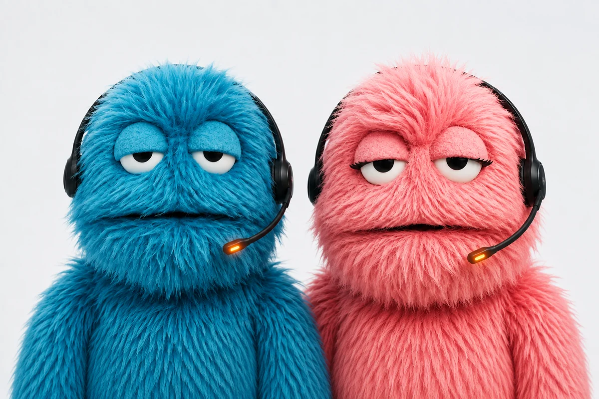 Buddy and Buddie, BuddyLeader’s blue and pink furry headset-wearing brand characters, side by side.
