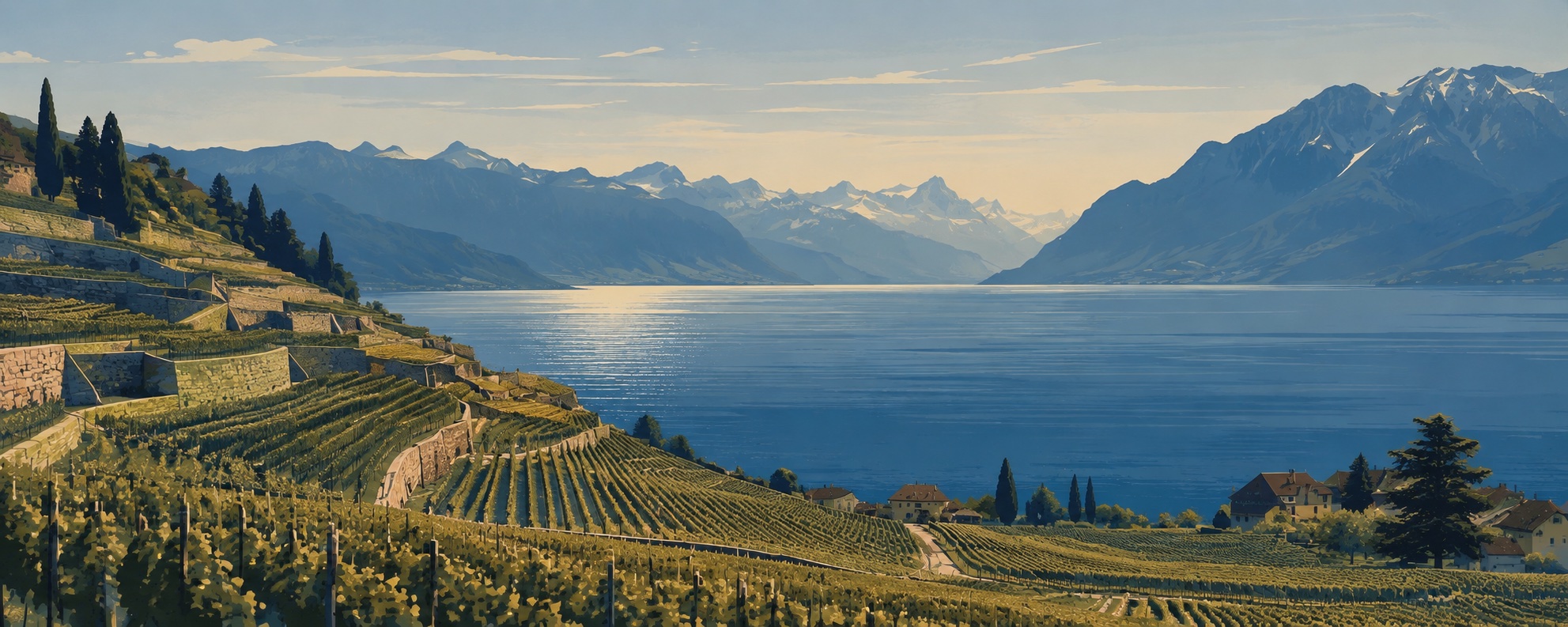 Artistic interpretation of Lake Léman seen from Lavaux: golden stone terraces, a deep-blue lake and layered Alpine silhouettes.